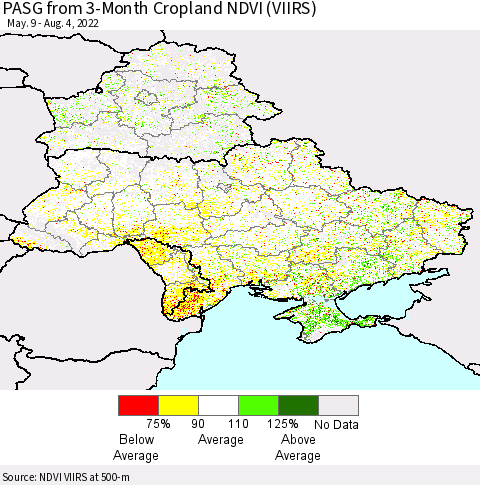 Ukraine, Moldova and Belarus PASG from 3-Month Cropland NDVI (VIIRS) Thematic Map For 7/28/2022 - 8/4/2022