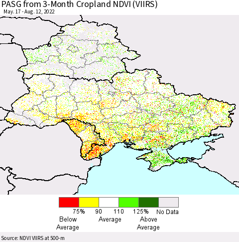 Ukraine, Moldova and Belarus PASG from 3-Month Cropland NDVI (VIIRS) Thematic Map For 8/5/2022 - 8/12/2022