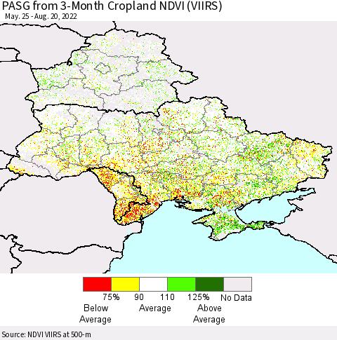Ukraine, Moldova and Belarus PASG from 3-Month Cropland NDVI (VIIRS) Thematic Map For 8/11/2022 - 8/20/2022