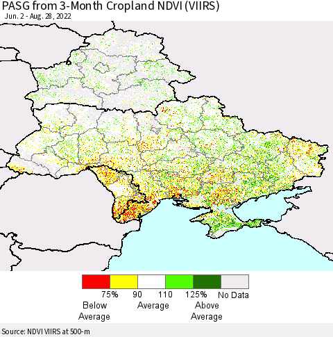 Ukraine, Moldova and Belarus PASG from 3-Month Cropland NDVI (VIIRS) Thematic Map For 8/21/2022 - 8/28/2022