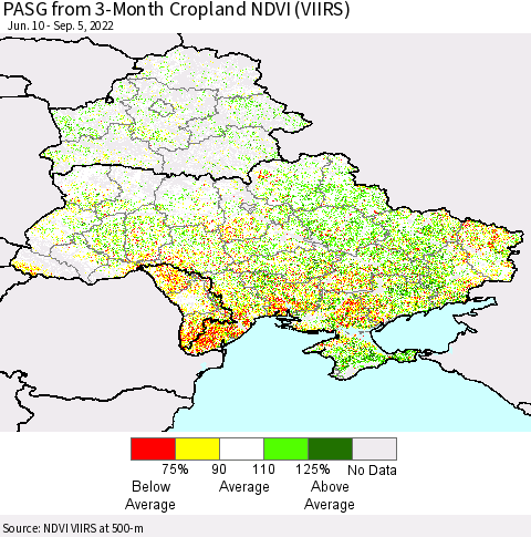 Ukraine, Moldova and Belarus PASG from 3-Month Cropland NDVI (VIIRS) Thematic Map For 8/29/2022 - 9/5/2022