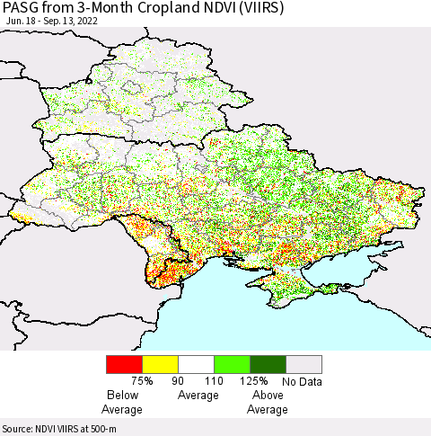 Ukraine, Moldova and Belarus PASG from 3-Month Cropland NDVI (VIIRS) Thematic Map For 9/6/2022 - 9/13/2022