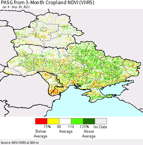 Ukraine, Moldova and Belarus PASG from 3-Month Cropland NDVI (VIIRS) Thematic Map For 9/22/2022 - 9/29/2022