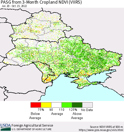Ukraine, Moldova and Belarus PASG from 3-Month Cropland NDVI (VIIRS) Thematic Map For 10/11/2022 - 10/20/2022