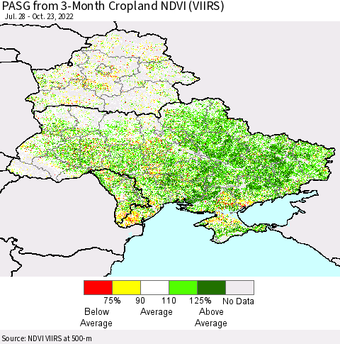 Ukraine, Moldova and Belarus PASG from 3-Month Cropland NDVI (VIIRS) Thematic Map For 10/16/2022 - 10/23/2022