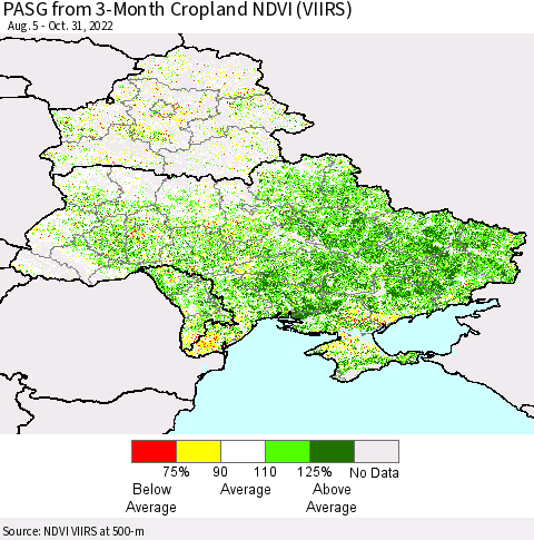 Ukraine, Moldova and Belarus PASG from 3-Month Cropland NDVI (VIIRS) Thematic Map For 10/21/2022 - 10/31/2022