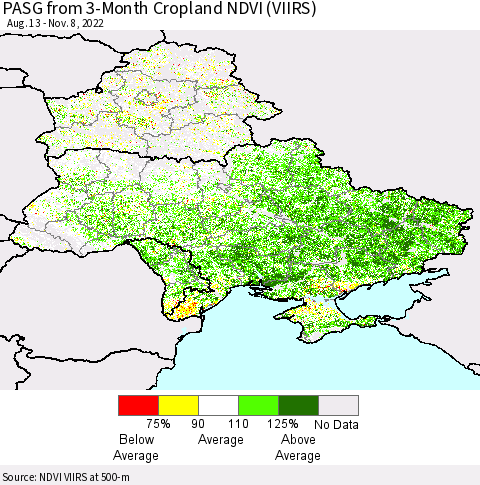 Ukraine, Moldova and Belarus PASG from 3-Month Cropland NDVI (VIIRS) Thematic Map For 11/1/2022 - 11/8/2022