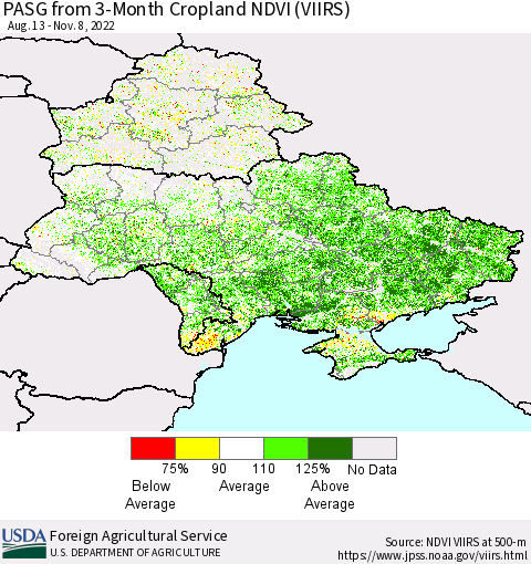 Ukraine, Moldova and Belarus PASG from 3-Month Cropland NDVI (VIIRS) Thematic Map For 11/1/2022 - 11/10/2022