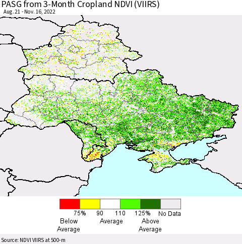 Ukraine, Moldova and Belarus PASG from 3-Month Cropland NDVI (VIIRS) Thematic Map For 11/9/2022 - 11/16/2022