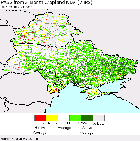 Ukraine, Moldova and Belarus PASG from 3-Month Cropland NDVI (VIIRS) Thematic Map For 11/17/2022 - 11/24/2022