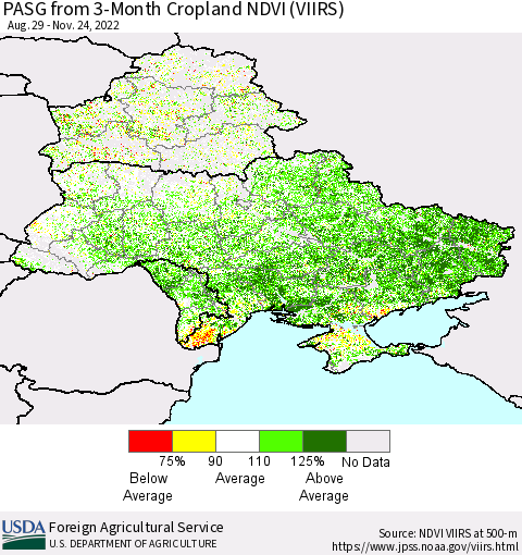 Ukraine, Moldova and Belarus PASG from 3-Month Cropland NDVI (VIIRS) Thematic Map For 11/21/2022 - 11/30/2022