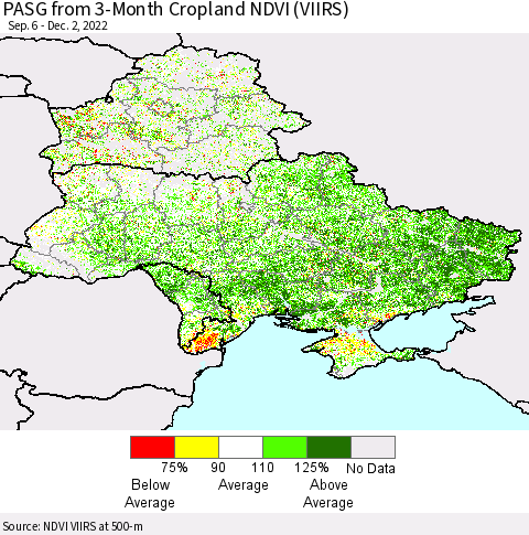 Ukraine, Moldova and Belarus PASG from 3-Month Cropland NDVI (VIIRS) Thematic Map For 11/25/2022 - 12/2/2022