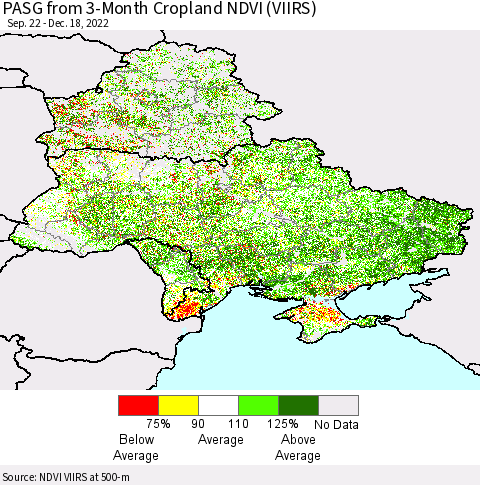 Ukraine, Moldova and Belarus PASG from 3-Month Cropland NDVI (VIIRS) Thematic Map For 12/11/2022 - 12/18/2022