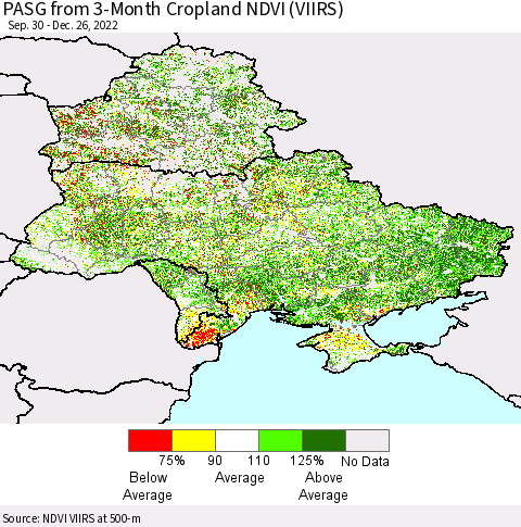 Ukraine, Moldova and Belarus PASG from 3-Month Cropland NDVI (VIIRS) Thematic Map For 12/19/2022 - 12/26/2022