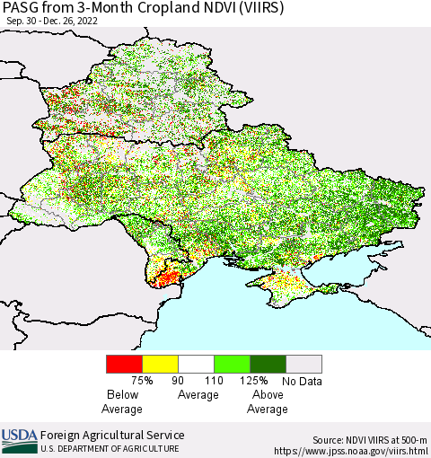 Ukraine, Moldova and Belarus PASG from 3-Month Cropland NDVI (VIIRS) Thematic Map For 12/21/2022 - 12/31/2022