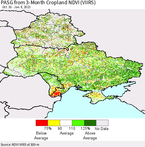 Ukraine, Moldova and Belarus PASG from 3-Month Cropland NDVI (VIIRS) Thematic Map For 1/1/2023 - 1/8/2023