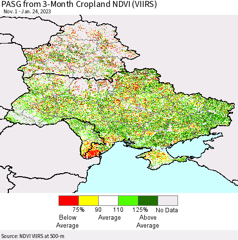 Ukraine, Moldova and Belarus PASG from 3-Month Cropland NDVI (VIIRS) Thematic Map For 1/17/2023 - 1/24/2023
