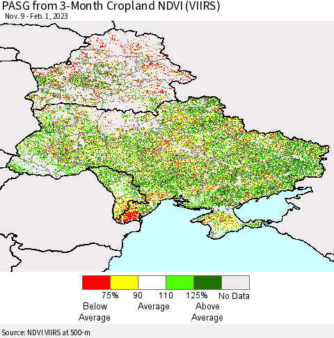 Ukraine, Moldova and Belarus PASG from 3-Month Cropland NDVI (VIIRS) Thematic Map For 1/25/2023 - 2/1/2023