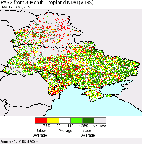 Ukraine, Moldova and Belarus PASG from 3-Month Cropland NDVI (VIIRS) Thematic Map For 2/2/2023 - 2/9/2023