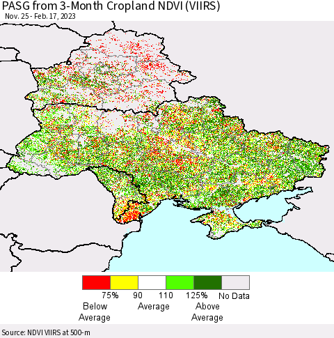 Ukraine, Moldova and Belarus PASG from 3-Month Cropland NDVI (VIIRS) Thematic Map For 2/10/2023 - 2/17/2023