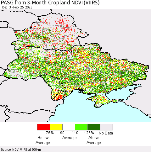 Ukraine, Moldova and Belarus PASG from 3-Month Cropland NDVI (VIIRS) Thematic Map For 2/18/2023 - 2/25/2023