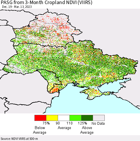 Ukraine, Moldova and Belarus PASG from 3-Month Cropland NDVI (VIIRS) Thematic Map For 3/6/2023 - 3/13/2023