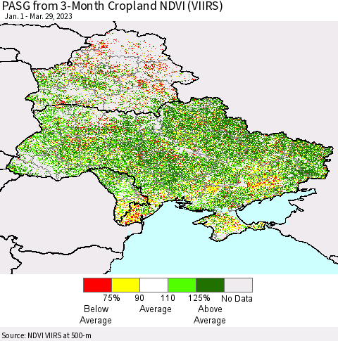 Ukraine, Moldova and Belarus PASG from 3-Month Cropland NDVI (VIIRS) Thematic Map For 3/22/2023 - 3/29/2023