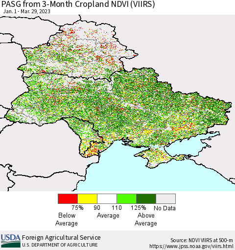 Ukraine, Moldova and Belarus PASG from 3-Month Cropland NDVI (VIIRS) Thematic Map For 3/21/2023 - 3/31/2023