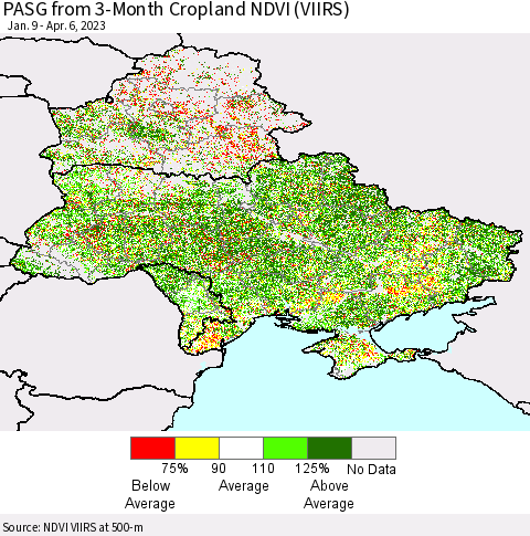 Ukraine, Moldova and Belarus PASG from 3-Month Cropland NDVI (VIIRS) Thematic Map For 3/30/2023 - 4/6/2023