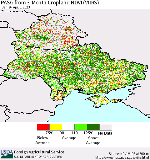 Ukraine, Moldova and Belarus PASG from 3-Month Cropland NDVI (VIIRS) Thematic Map For 4/1/2023 - 4/10/2023