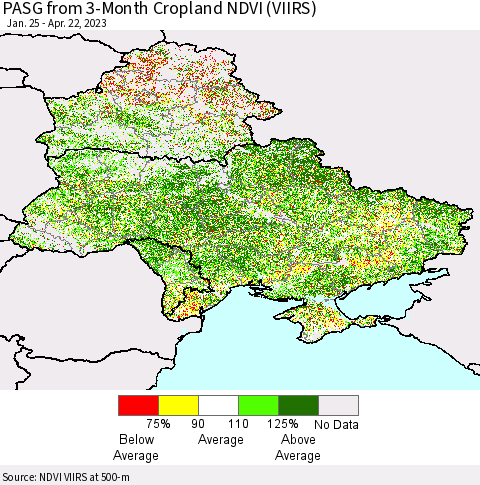 Ukraine, Moldova and Belarus PASG from 3-Month Cropland NDVI (VIIRS) Thematic Map For 4/15/2023 - 4/22/2023