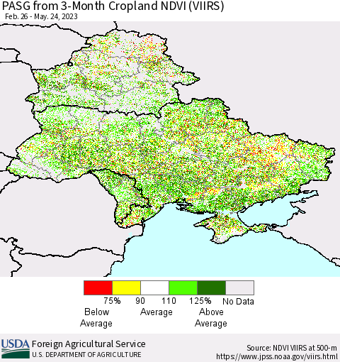 Ukraine, Moldova and Belarus PASG from 3-Month Cropland NDVI (VIIRS) Thematic Map For 5/21/2023 - 5/31/2023