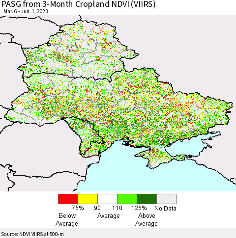 Ukraine, Moldova and Belarus PASG from 3-Month Cropland NDVI (VIIRS) Thematic Map For 5/25/2023 - 6/1/2023