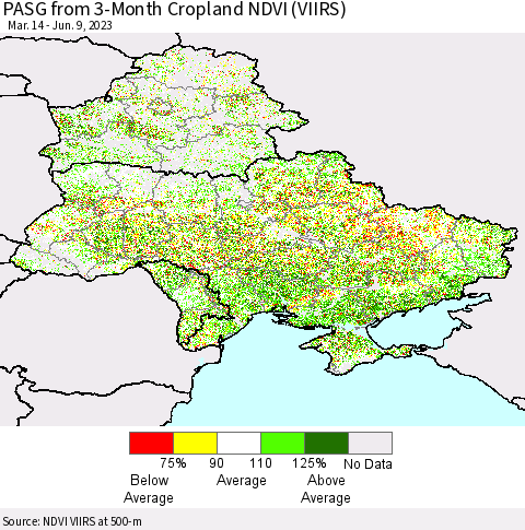Ukraine, Moldova and Belarus PASG from 3-Month Cropland NDVI (VIIRS) Thematic Map For 6/2/2023 - 6/9/2023