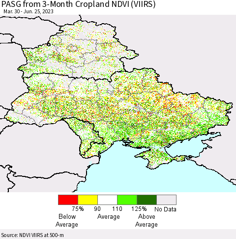 Ukraine, Moldova and Belarus PASG from 3-Month Cropland NDVI (VIIRS) Thematic Map For 6/18/2023 - 6/25/2023