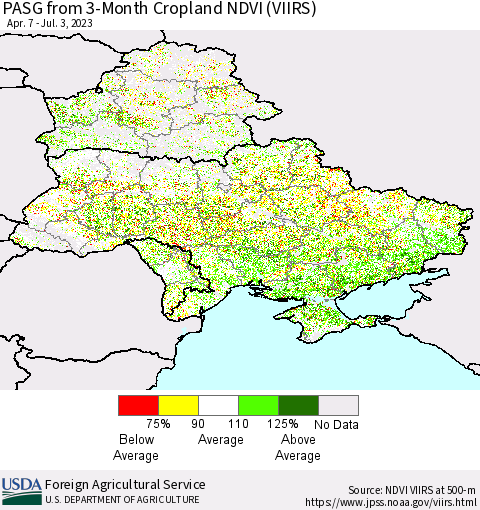 Ukraine, Moldova and Belarus PASG from 3-Month Cropland NDVI (VIIRS) Thematic Map For 7/1/2023 - 7/10/2023