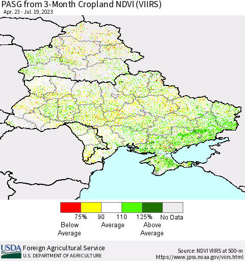 Ukraine, Moldova and Belarus PASG from 3-Month Cropland NDVI (VIIRS) Thematic Map For 7/11/2023 - 7/20/2023