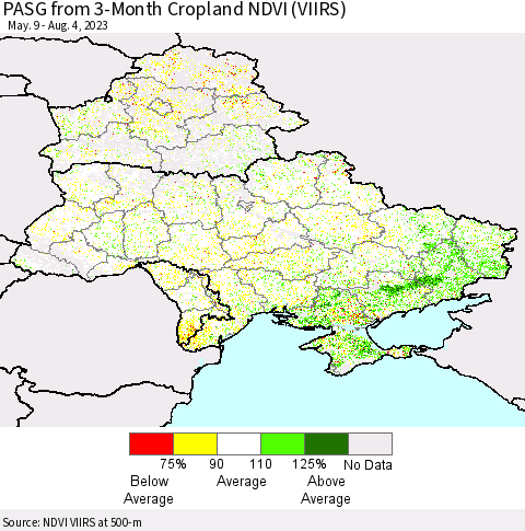 Ukraine, Moldova and Belarus PASG from 3-Month Cropland NDVI (VIIRS) Thematic Map For 7/28/2023 - 8/4/2023