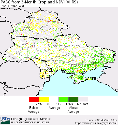Ukraine, Moldova and Belarus PASG from 3-Month Cropland NDVI (VIIRS) Thematic Map For 8/1/2023 - 8/10/2023