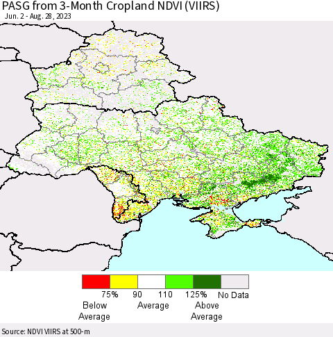 Ukraine, Moldova and Belarus PASG from 3-Month Cropland NDVI (VIIRS) Thematic Map For 8/21/2023 - 8/28/2023