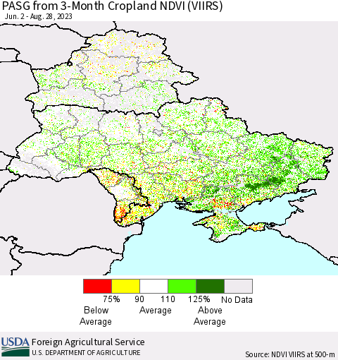 Ukraine, Moldova and Belarus PASG from 3-Month Cropland NDVI (VIIRS) Thematic Map For 8/21/2023 - 8/31/2023