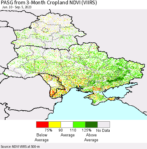 Ukraine, Moldova and Belarus PASG from 3-Month Cropland NDVI (VIIRS) Thematic Map For 8/29/2023 - 9/5/2023