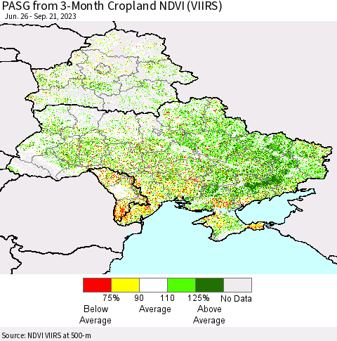 Ukraine, Moldova and Belarus PASG from 3-Month Cropland NDVI (VIIRS) Thematic Map For 9/14/2023 - 9/21/2023