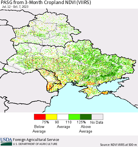 Ukraine, Moldova and Belarus PASG from 3-Month Cropland NDVI (VIIRS) Thematic Map For 10/1/2023 - 10/10/2023
