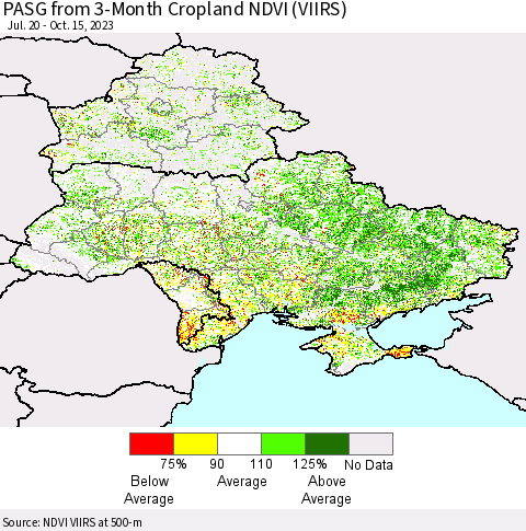 Ukraine, Moldova and Belarus PASG from 3-Month Cropland NDVI (VIIRS) Thematic Map For 10/8/2023 - 10/15/2023