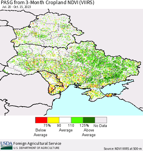 Ukraine, Moldova and Belarus PASG from 3-Month Cropland NDVI (VIIRS) Thematic Map For 10/11/2023 - 10/20/2023