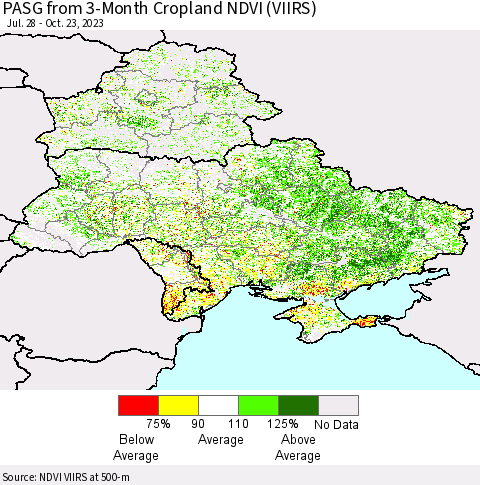 Ukraine, Moldova and Belarus PASG from 3-Month Cropland NDVI (VIIRS) Thematic Map For 10/16/2023 - 10/23/2023