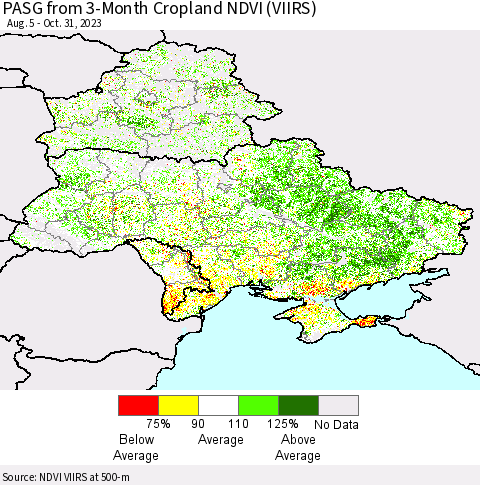 Ukraine, Moldova and Belarus PASG from 3-Month Cropland NDVI (VIIRS) Thematic Map For 10/21/2023 - 10/31/2023