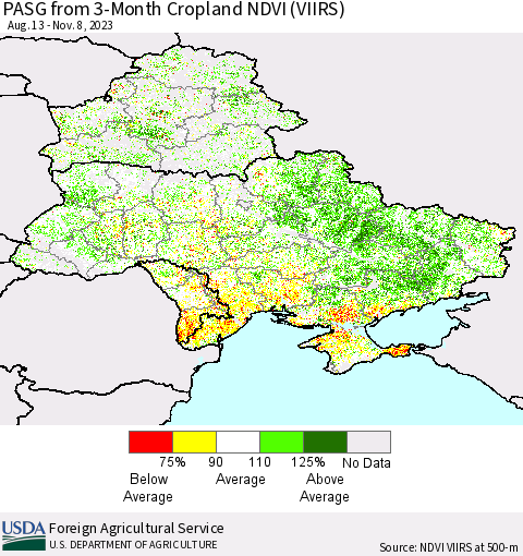 Ukraine, Moldova and Belarus PASG from 3-Month Cropland NDVI (VIIRS) Thematic Map For 11/1/2023 - 11/10/2023