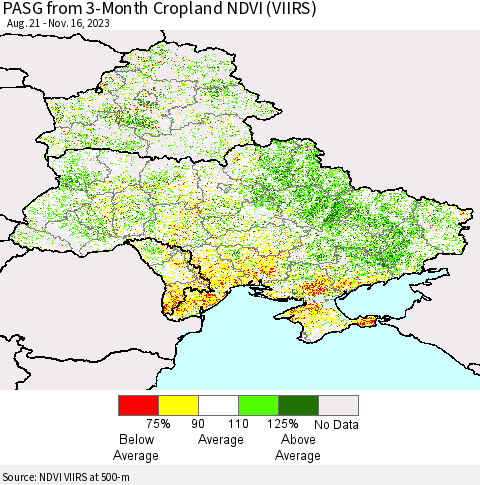 Ukraine, Moldova and Belarus PASG from 3-Month Cropland NDVI (VIIRS) Thematic Map For 11/9/2023 - 11/16/2023